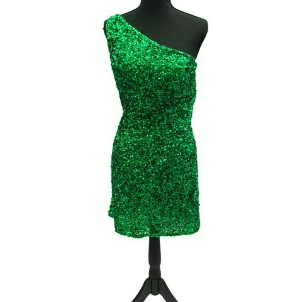 Sherri Hill Emerald Green Sequin One Shoulder Strappy Mini Dress